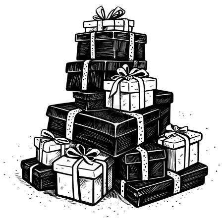 Téléchargez les illustrations : Illustration de style Woodcut d'une pile de boîtes-cadeaux. - en licence libre de droit