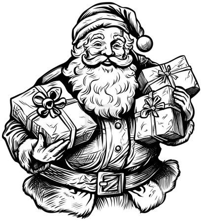 Illustration for Linocut style illustration of Santa Claus bringing a bunch of presents. - Royalty Free Image