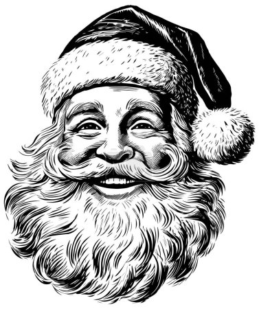Woodcut style illustration of the head of Santa Claus.