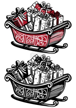 Woodcut style illustration of the sleigh of Santa Claus.