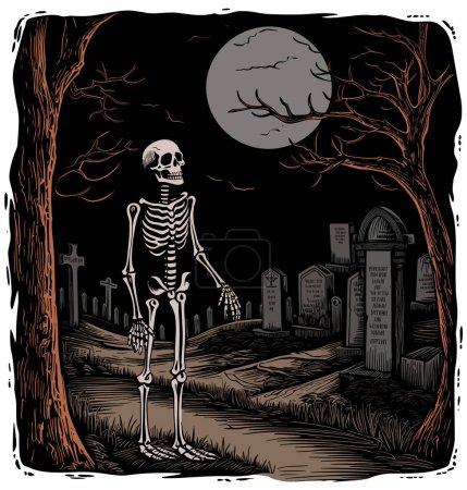 Ilustración de Ilustración del esqueleto de pie en el cementerio por la noche. - Imagen libre de derechos