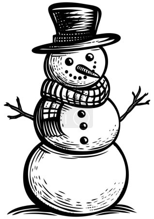 Illustration for Linocut style illustration of happy snowman isolated on white background. - Royalty Free Image