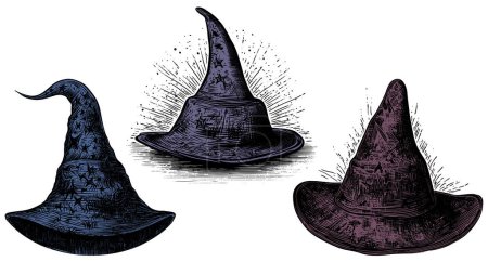 Téléchargez les illustrations : Ensemble de chapeaux de sorcières isolés sur fond blanc. - en licence libre de droit