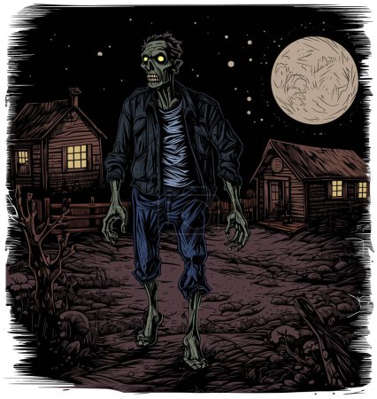 Illustration for Illustration of creepy zombie wandering around at night. - Royalty Free Image
