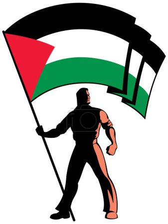 Illustration for Stylized illustration of male character holding the Palestinian flag with pride, capturing a sense of strength and determination on white background. - Royalty Free Image