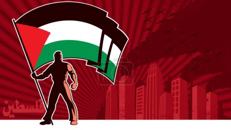 Plakat im Vintage-Stil mit mächtiger Gestalt, die mit der palästinensischen Flagge inmitten einer kiesigen, urbanen Kulisse steht und visuell eindrucksvolle Repräsentation von Nationalismus und Stolz schafft.