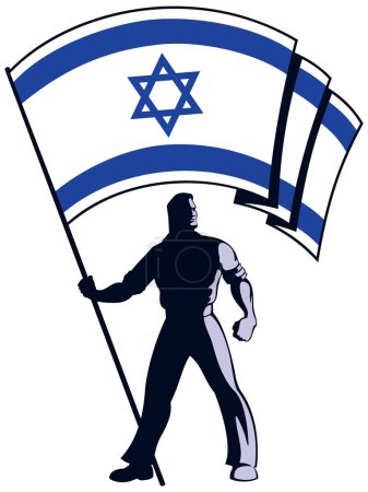 Téléchargez les illustrations : Figure en silhouette tenant le drapeau israélien en altitude, sur fond blanc, montrant la fierté nationale et la force dans un design de style vintage. - en licence libre de droit