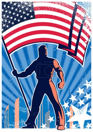 Illustration for Vintage style poster featuring a bold silhouette against an American flag backdrop, accentuated with dynamic lines and a modern cityscape. - Royalty Free Image