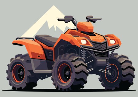 Illustration for Vibrant flat style illustration of sleek orange ATV, showcasing its rugged design against a minimalist mountain backdrop. A modern representation of off-road adventure in geometric style. - Royalty Free Image