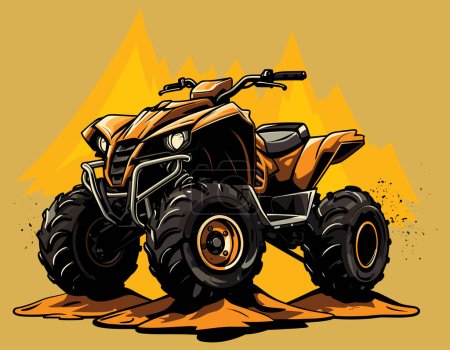 Téléchargez les illustrations : Illustration vibrante du véhicule tout terrain orange sur sable, posé sur fond jaune avec des dunes de sable abstraites, prêt pour des aventures difficiles. - en licence libre de droit