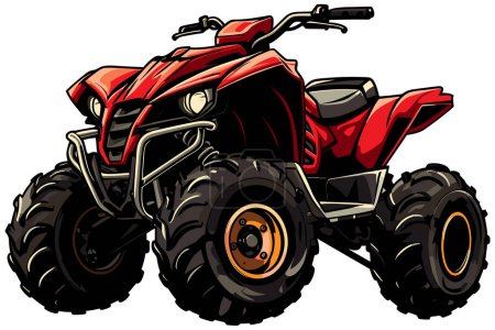 Vibrant illustration of red all-terrain vehicle, posed against white background, ready for rugged adventures.
