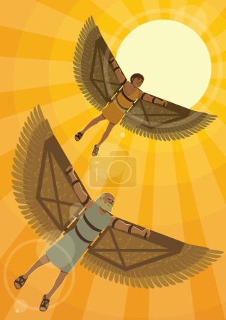 Téléchargez les illustrations : Illustration de dessin animé de Daedalus et Icare planant dans le ciel avec de grandes ailes artificielles. - en licence libre de droit