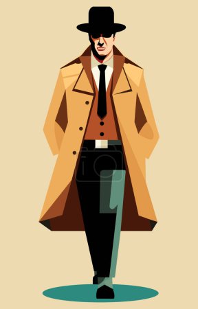 Ilustración de Detective de estilo plano con gabardina, sombrero y gafas de sol, irradiando misterio y discreción. - Imagen libre de derechos