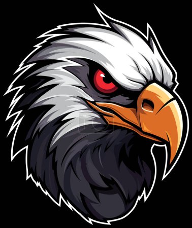 Téléchargez les illustrations : Mascotte d'aigle représentant des yeux rouges vifs et des plumes détaillées, sur fond noir. - en licence libre de droit