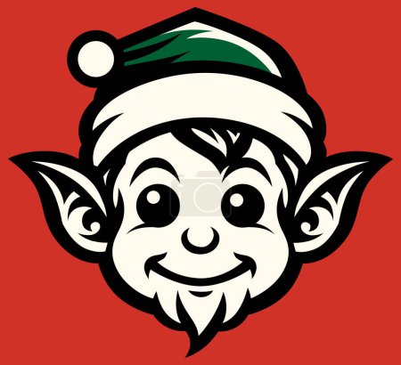 Illustration for Cheerful mascot illustration of elf with pointy ears and festive green Santa hat against vibrant red background. - Royalty Free Image