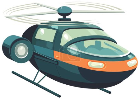 Illustration for Vibrant flat style illustration of futuristic flying car, hovering on white background. - Royalty Free Image