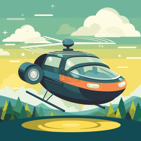 Vibrante ilustración de estilo plano de coche volador futurista, flotando sobre el paisaje con árboles exuberantes y nubes esponjosas en el telón de fondo.