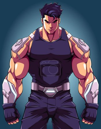 Illustration for Illustration of angry high tech muscular manga superhero looking at camera isolated over grey background - Royalty Free Image