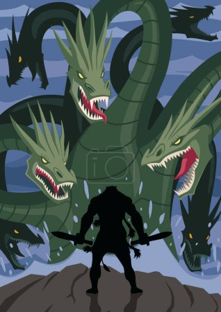 Illustration for Hercules stands defiantly against the Hydra, wielding his weapon. The multi-headed beast towers above, ready to attack in a moonlit setting. - Royalty Free Image