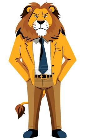 Téléchargez les illustrations : Portrait illustratif de lion confiant portant un costume d'affaires et debout avec les mains dans les poches sur fond blanc - en licence libre de droit