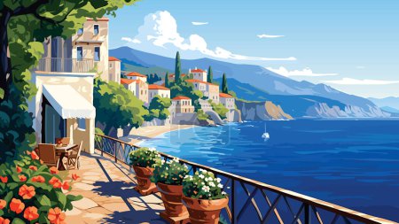 Illustration for Picturesque coastal town with terra-cotta roofs nestled among lush greenery, overlooking serene blue waters with distant mountains under a clear sky. - Royalty Free Image
