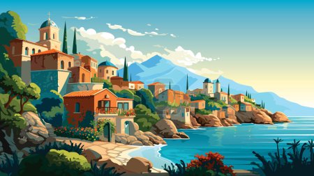 Illustration for Picturesque coastal village with terra-cotta roofs nestled among lush greenery, overlooking serene blue waters with distant mountains under a clear sky. - Royalty Free Image