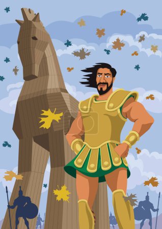 Ilustración de Odiseo está de pie con confianza en la armadura dorada, con el icónico caballo de Troya de madera que se cierne en el fondo. - Imagen libre de derechos
