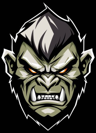 Illustration for Green-skinned, fierce orc face displays sharp teeth and glowing orange eyes, contrasted against a black backdrop. - Royalty Free Image