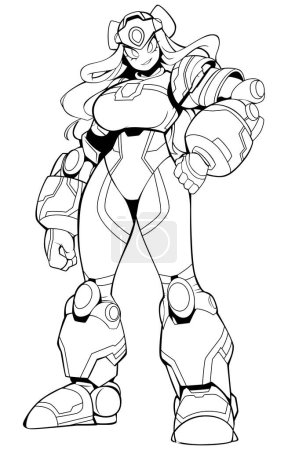 Illustration for Manga style illustration of confident female character in mech suit standing on white background. - Royalty Free Image