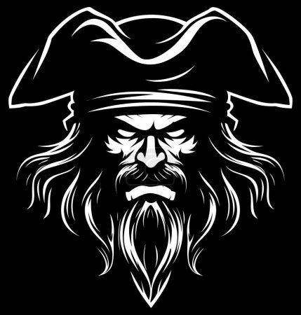 Monochrome depiction of fierce pirate with prominent beard, intense eyes, and tricorn hat, exuding menace and determination against black background.