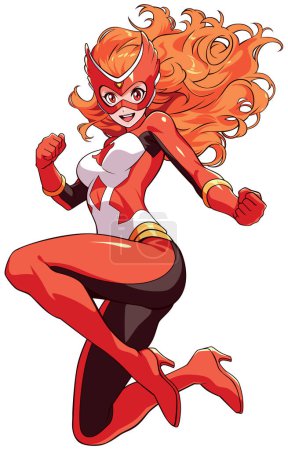 Anime style illustration of red haired superheroine flying on white background.
