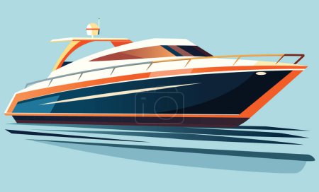 Illustration for Sleek yacht with vibrant orange and white accents glides on calm waters. Its streamlined design showcases modern elegance against soft blue backdrop. - Royalty Free Image