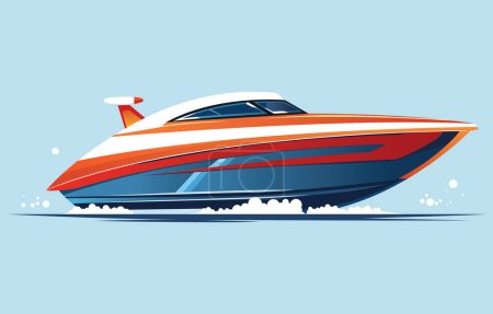 Illustration for Sleek yacht with vibrant orange and white accents glides on calm waters. Its streamlined design showcases modern elegance against soft blue backdrop. - Royalty Free Image