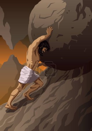 Ilustración de Sísifo se esfuerza para empujar la roca masiva hacia arriba, contra el telón de fondo montañoso. Su rostro decidido revela el interminable tormento de su castigo. - Imagen libre de derechos