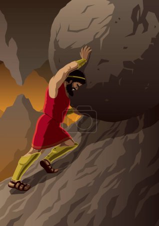 Illustration for Sisyphus strains to push massive boulder uphill, against mountainous backdrop. His determined face reveals the endless torment of his punishment. - Royalty Free Image