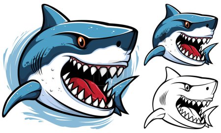 Téléchargez les illustrations : Mascotte de requin vibrante illustrant la férocité, affichant un sourire aux dents acérées, avec des yeux ambrés et des gouttelettes d'eau sur sa surface élégante et bleue. - en licence libre de droit