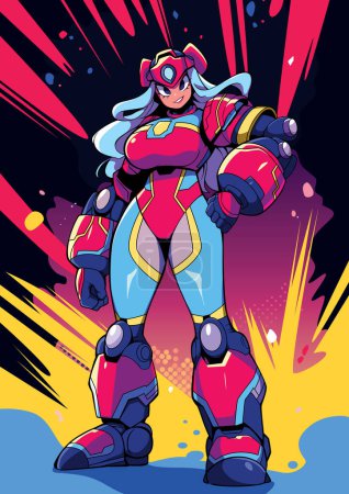 Illustration for Manga style illustration of confident female character in vibrant mech suit standing against vivid backdrop of red beams and bursts. - Royalty Free Image