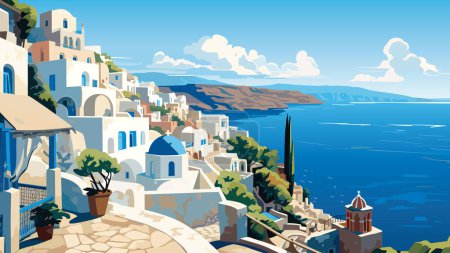 Illustration for Santorini Island displays coastal views, iconic blue-domed churches, white buildings on cliffs, overlooking the azure Mediterranean Sea. - Royalty Free Image