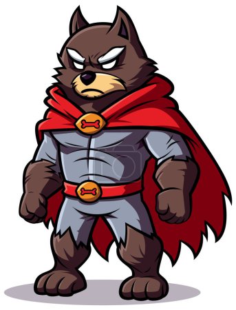 Téléchargez les illustrations : Illustration de style bande dessinée de loup super-héros féroce avec cape rouge, debout avec une posture affirmée, isolé sur fond blanc. - en licence libre de droit