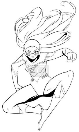Illustration for Line art of powerful superheroine soaring through the air. - Royalty Free Image