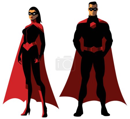 Illustration for Two superheroes stand confidently, draped in flowing red capes. The woman, with bold black mask and fitted suit, contrasts the mans stoic demeanor. - Royalty Free Image
