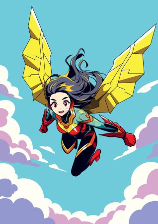 Illustration for Vibrant superheroine descends from the sky, her golden wings reflecting sunlight. - Royalty Free Image