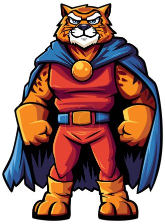 Ilustración de Tiger superhéroe emana energía en traje rojo vibrante y capa azul. Su mirada feroz y musculosa construcción irradian valor y fuerza. - Imagen libre de derechos