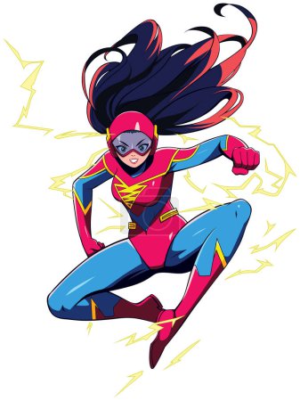 Illustration for Vibrant superheroine soars through the air. Clad in a bold red, blue, and yellow suit, she exudes confidence, surrounded by electric bolts. - Royalty Free Image