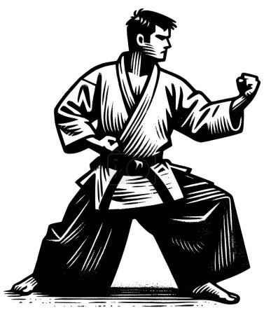 Ilustración de Artista marcial en postura con gi, en estilo de xilografía en blanco y negro. - Imagen libre de derechos