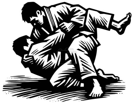 Téléchargez les illustrations : Judo ou jiu-jitsu pratiquants dans un lancer, capturé dans un style dynamique de gravure sur bois. - en licence libre de droit