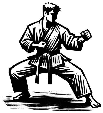 Illustration for Karate practitioner in stance, woodcut style, black and white, exuding focus and strength. - Royalty Free Image