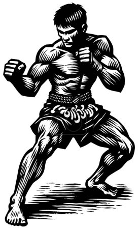 Illustration for Muay Thai fighter in action, woodcut style, black and white, exuding power and agility. - Royalty Free Image