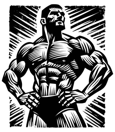 Illustration for Muscular wrestler posing confidently, black and white linocut with dynamic background. - Royalty Free Image