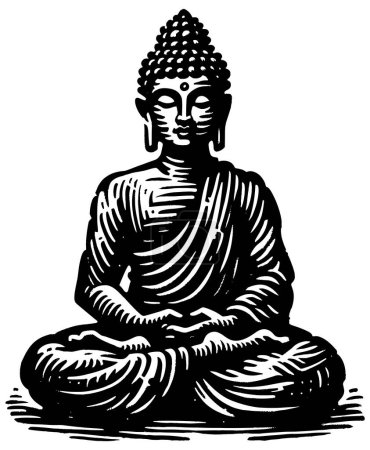 Ilustración de Figura de Buda meditando en posición de loto, sereno grabado en madera en blanco y negro. - Imagen libre de derechos
